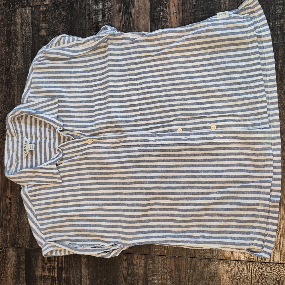 Orvis Striped Button-Up Shirt in Denim and White